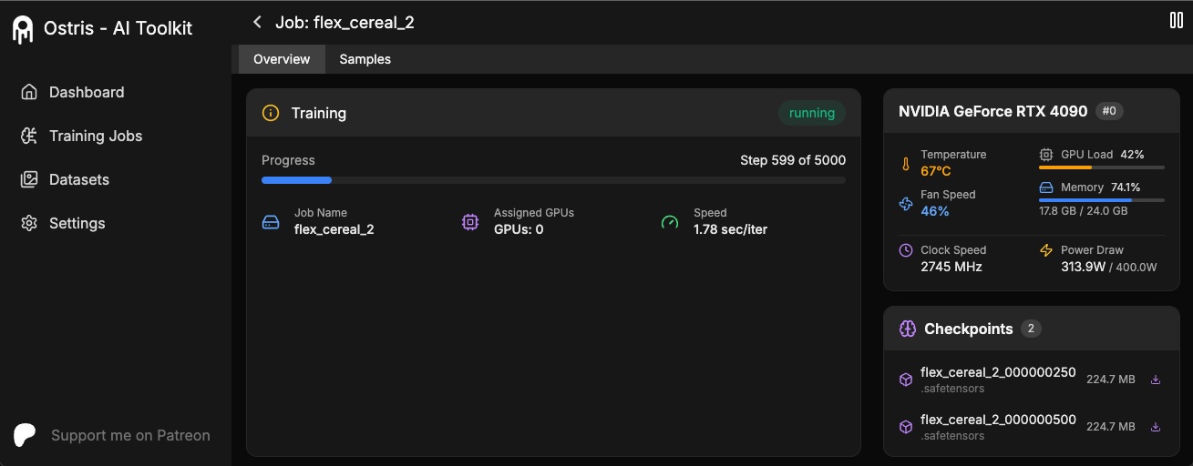Ostris AI-Toolkit web UI showing a running training job, GPU stats, and checkpoint list