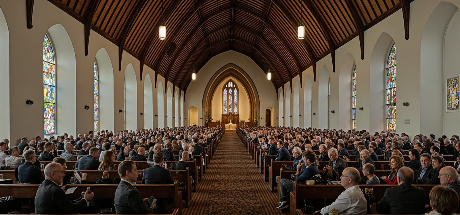 Church patrons turn around — wide ensemble shot