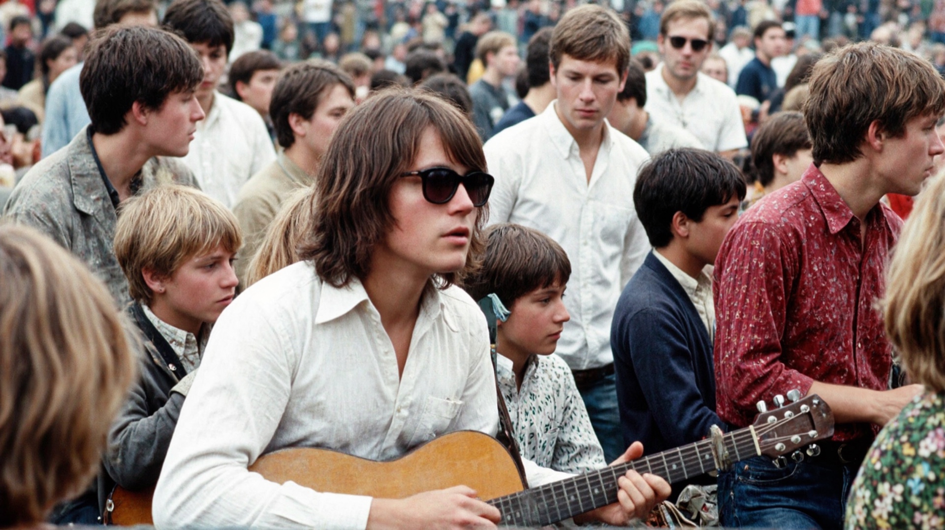 Woodstock hippie with guitar — Pixelwave upscaled delivery, photoreal skin